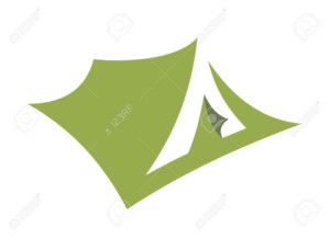 Stylized open pitched tent design or icon in green , simple silhouette illustration on white